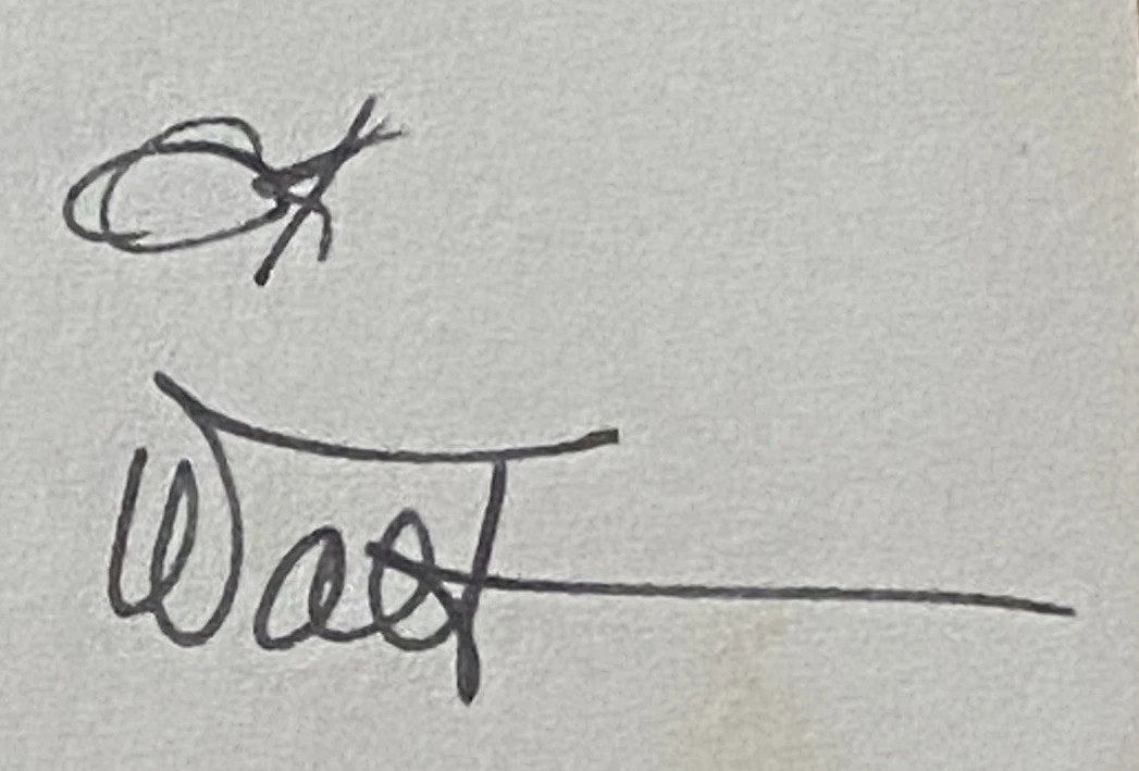 A looping "Ok" written above a large signature reading Walt, finished with a long trailing stroke, in black ink on pale card.