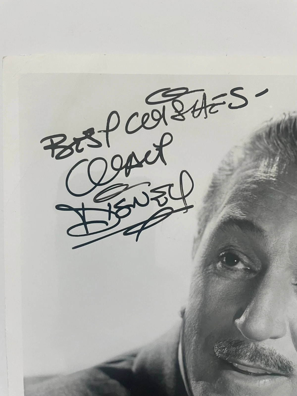 A black-and-white publicity portrait of Walt Disney, inscribed across the pale background in black felt tip, "Best Wishes Walt Disney".